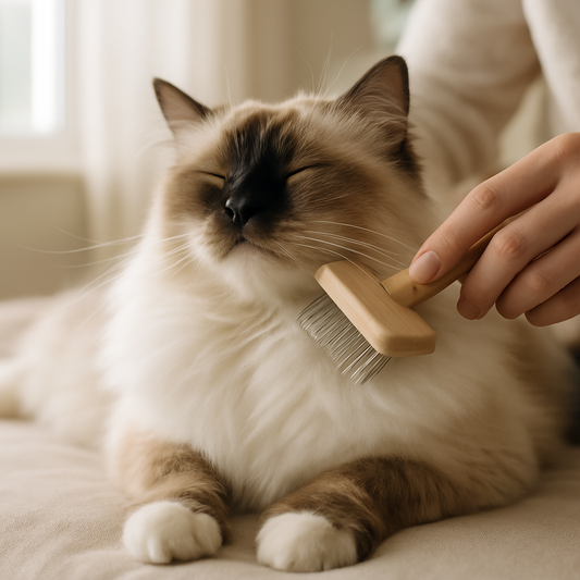 Glückliche Ragdoll Katze wird sanft gebürstet, weiches Fell glänzt, entspannte Atmosphäre in hellem Raum
