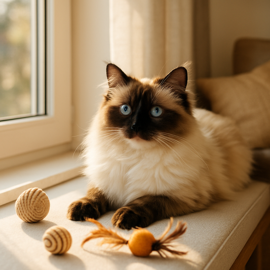 Ragdoll Katze mit blauen Augen liegt entspannt auf einer sonnigen Fensterbank mit Spielzeug, gemütliches modernes Wohnzimmer