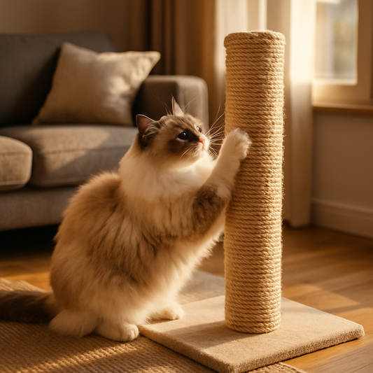 Ragdoll Katze kratzt an einem Sisal-Kratzbaum im gemütlichen Wohnzimmer, natürliche Sonnenstrahlen, entspannte Stimmung